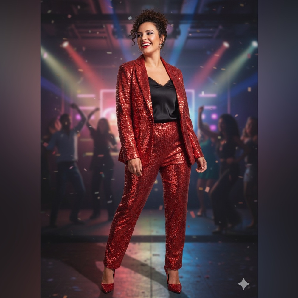 Sequin Red Women's Fully Lined Pantsuit NWT Size L Jacket Blazer Pants